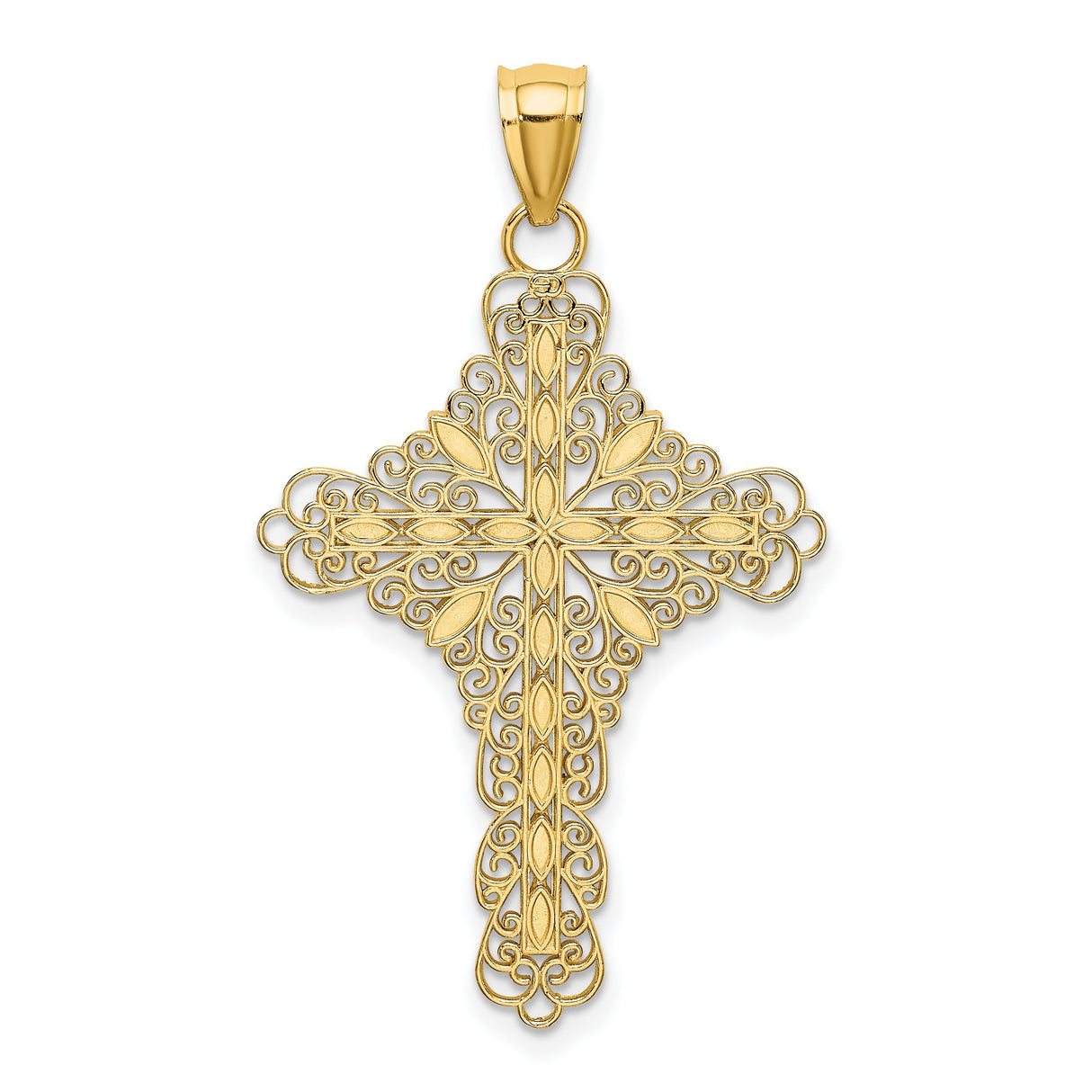 14k Yellow Gold Cross Pendant with Enamel, Milgrain Border, and Floral Filigree Design