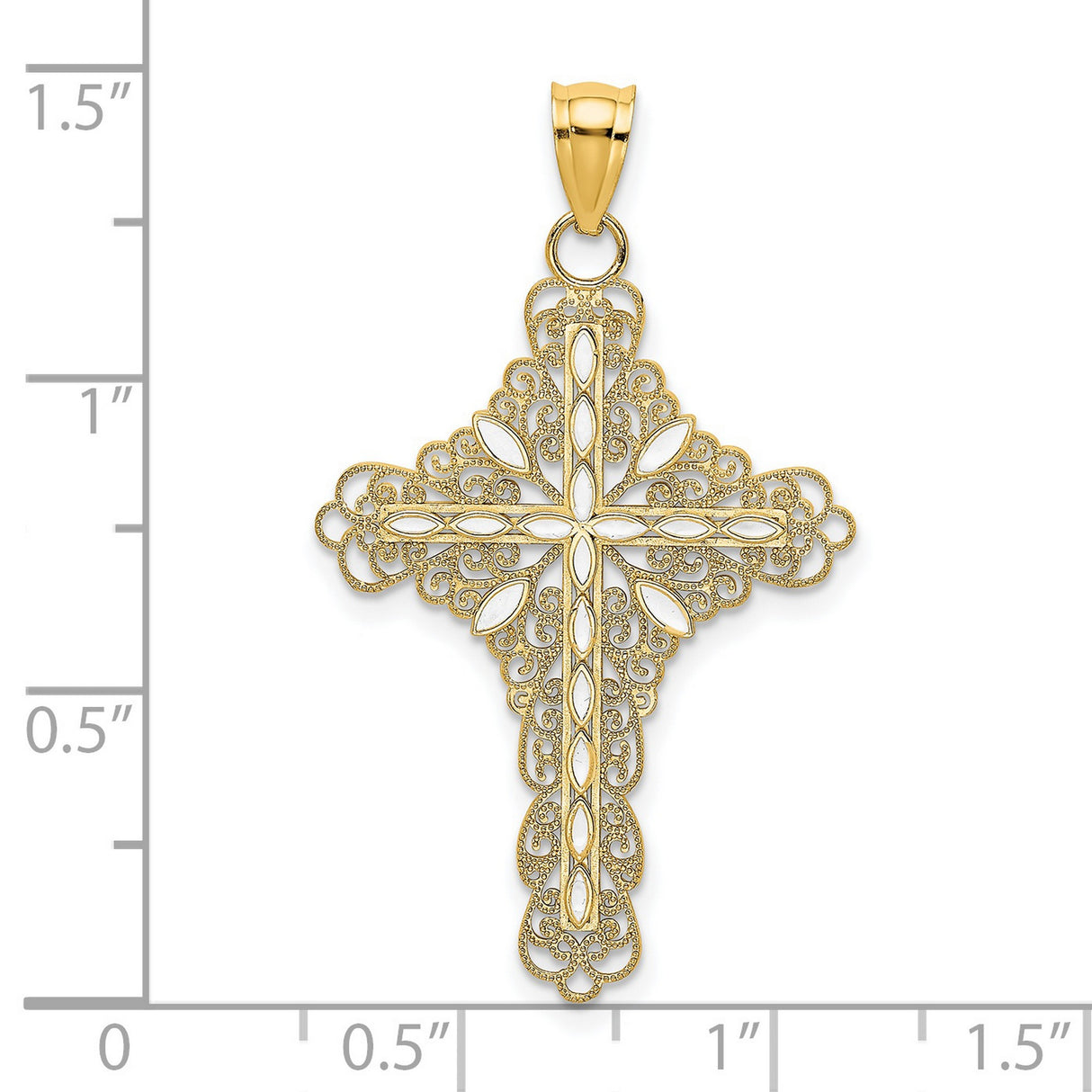 14k Yellow Gold Cross Pendant with Enamel, Milgrain Border, and Floral Filigree Design