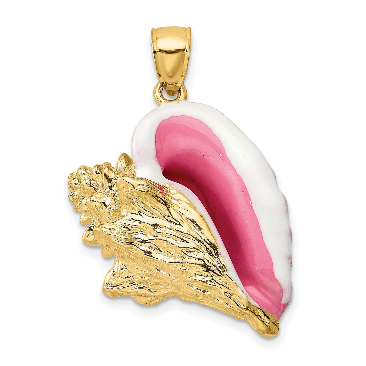 14k Yellow Gold Conch Shell Pendant with Pink and White Enamel, Nautical Beach Style Charm
