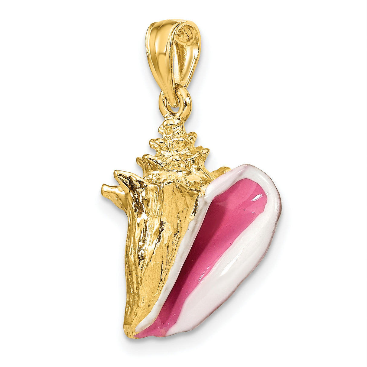 14k Yellow Gold Conch Shell Pendant with Pink and White Enamel, Nautical Beach Theme for Women