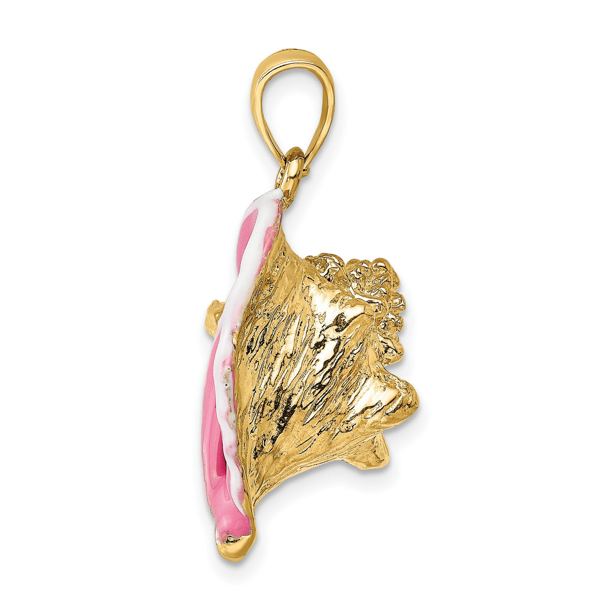 14k Yellow Gold Conch Shell Pendant with Pink and White Enamel, Tropical Ocean Charm