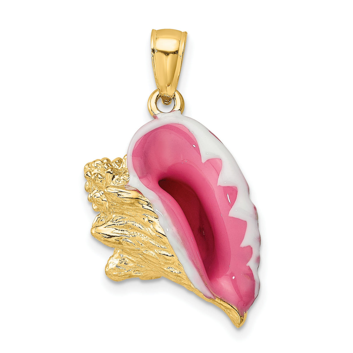 14k Yellow Gold Conch Shell Pendant with Pink and White Enamel, Tropical Ocean Charm