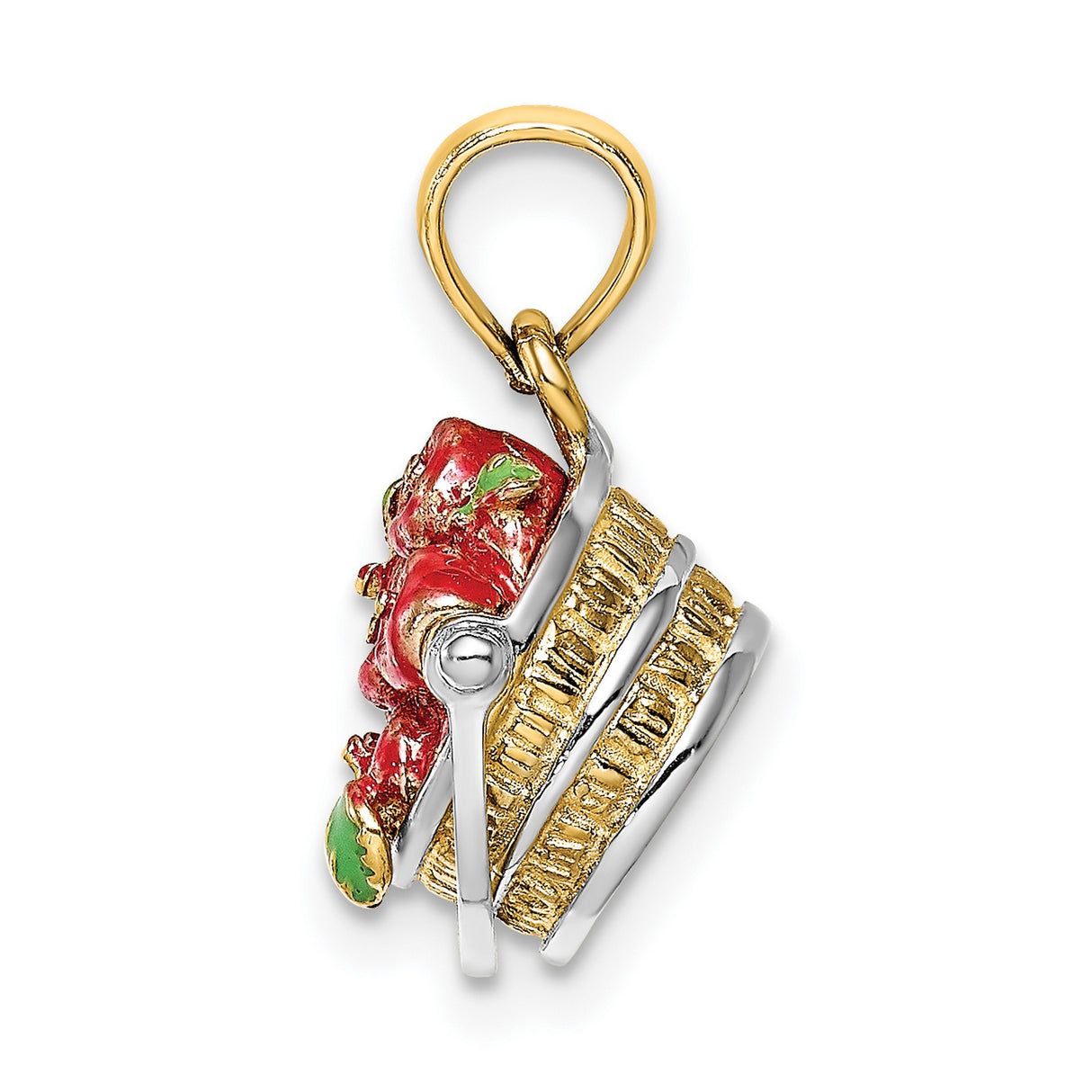 14k Multi-Tone Gold Rose Pendant with Red Enamel Bouquet and Green Leaf Floral Charm