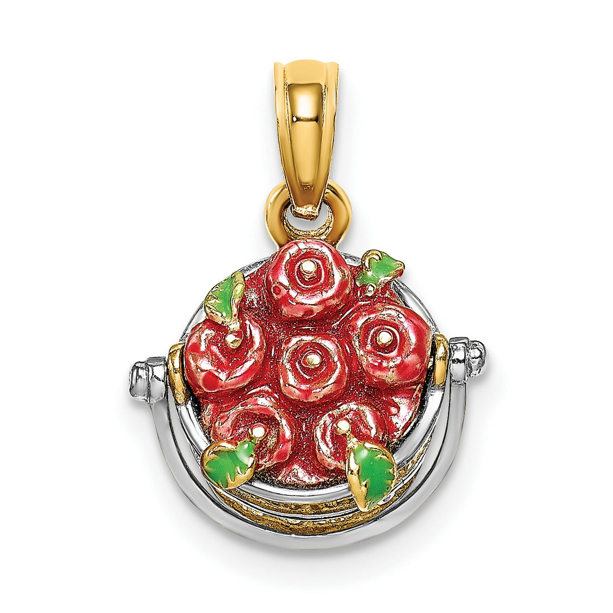 14k Multi-Tone Gold Rose Pendant with Red Enamel Bouquet and Green Leaf Floral Charm
