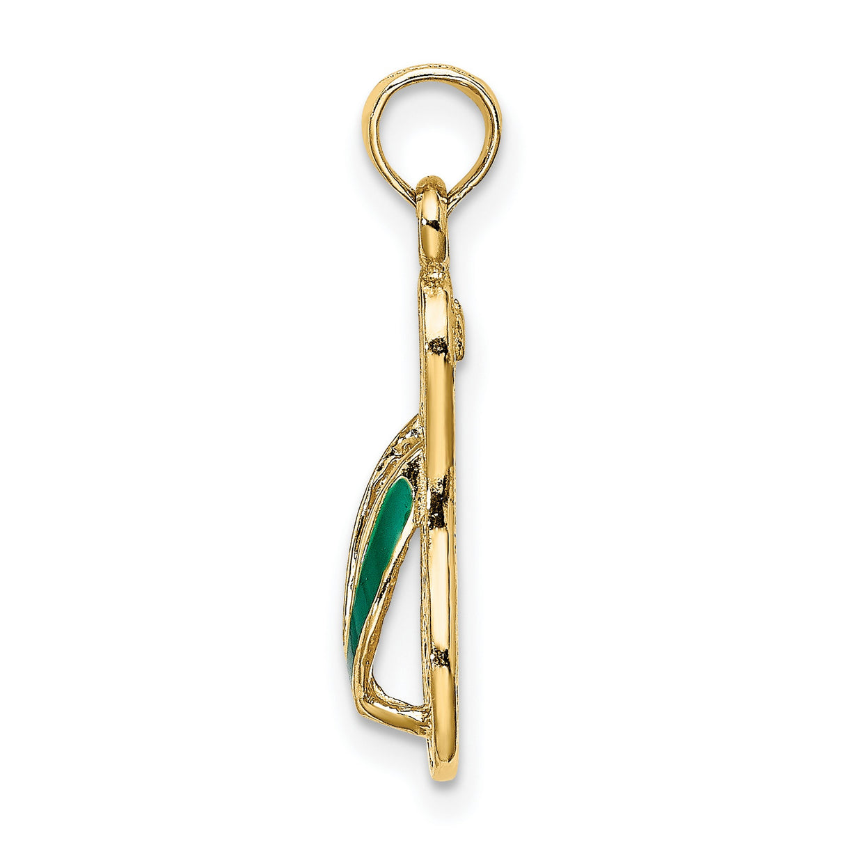 14k Yellow Gold Flip Flop Pendant with Green Enamel and Textured Detail, Beach Theme Charm