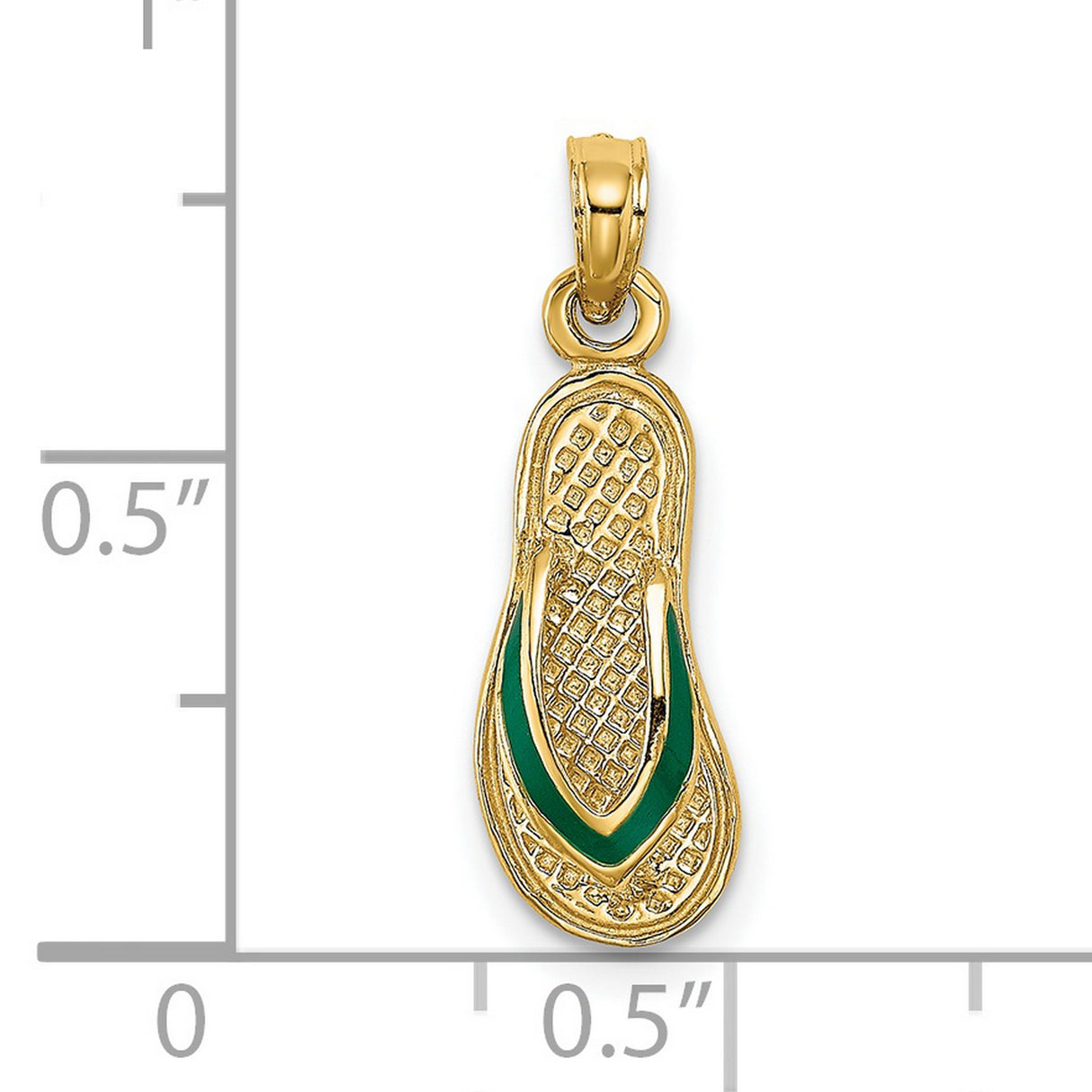 14k Yellow Gold Flip Flop Pendant with Green Enamel and Textured Detail, Beach Theme Charm