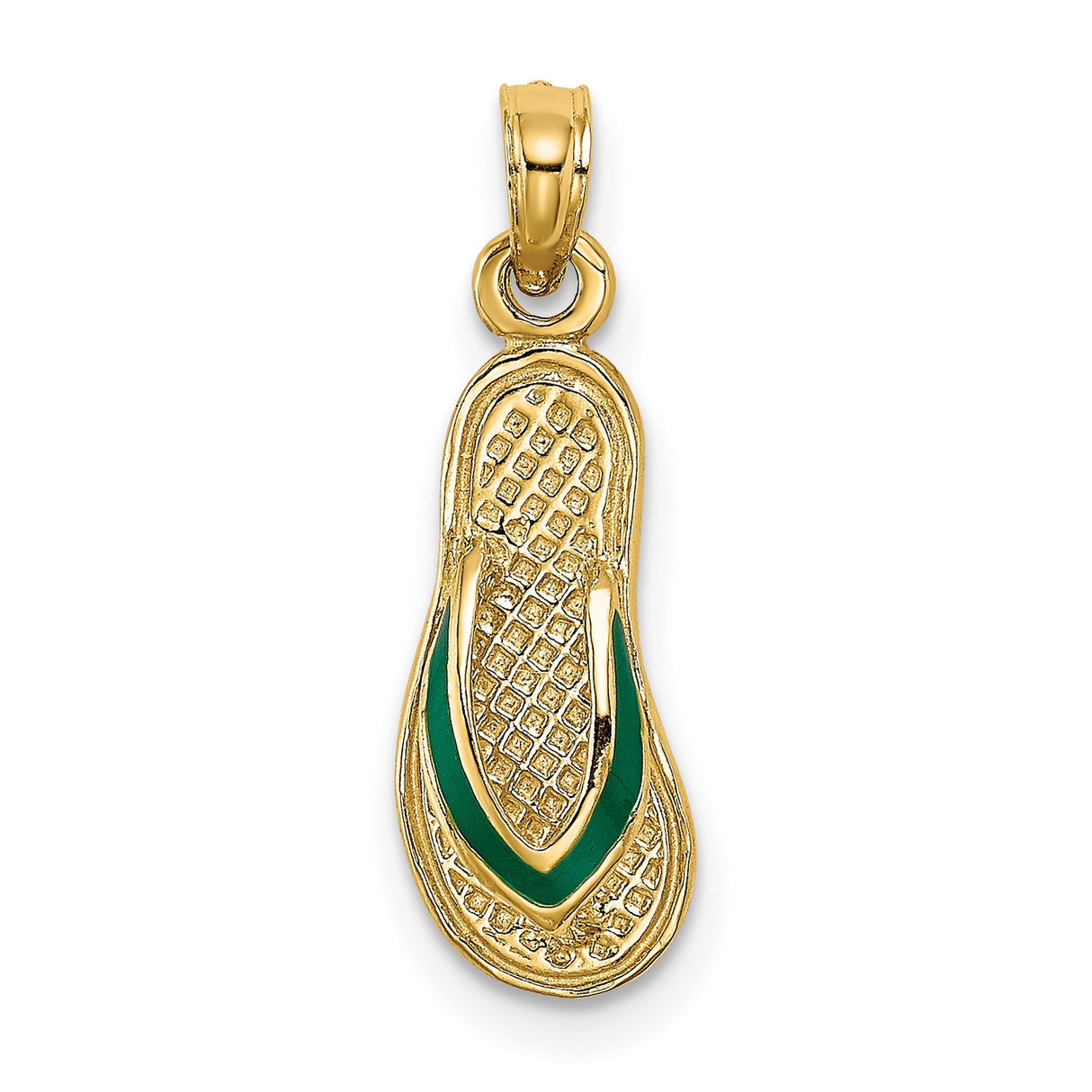 14k Yellow Gold Flip Flop Pendant with Green Enamel and Textured Detail, Beach Theme Charm