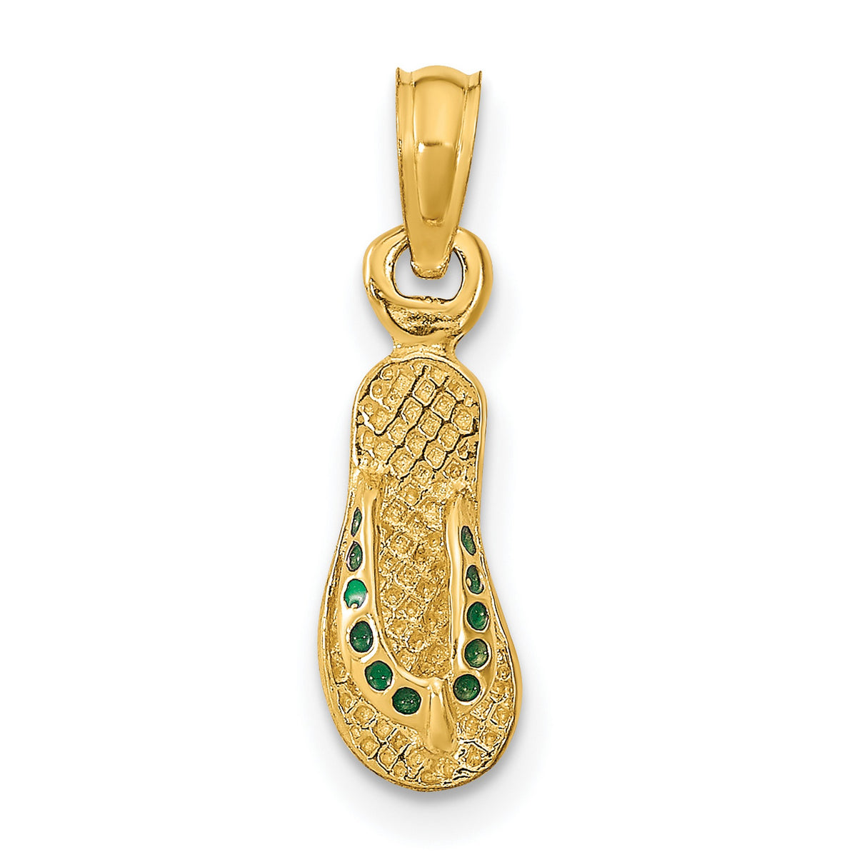 14k Yellow Gold Sandal Pendant with Green Enamel, Religious Charm Symbolizing Faith and Pilgrimage