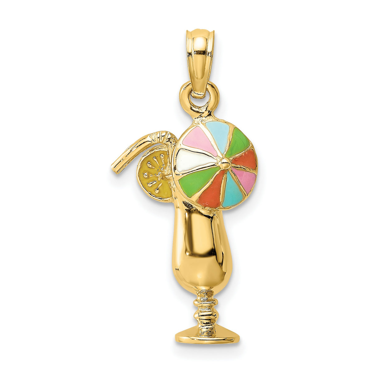 14k Yellow Gold Cocktail Glass Pendant with Enamel Umbrella and Lemon, Tropical Beach Charm