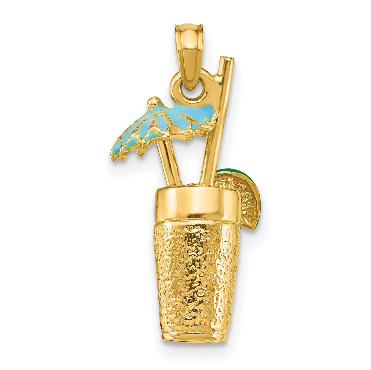 14k Yellow Gold Tropical Drink Pendant with Blue Enamel Umbrella and Lime Slice