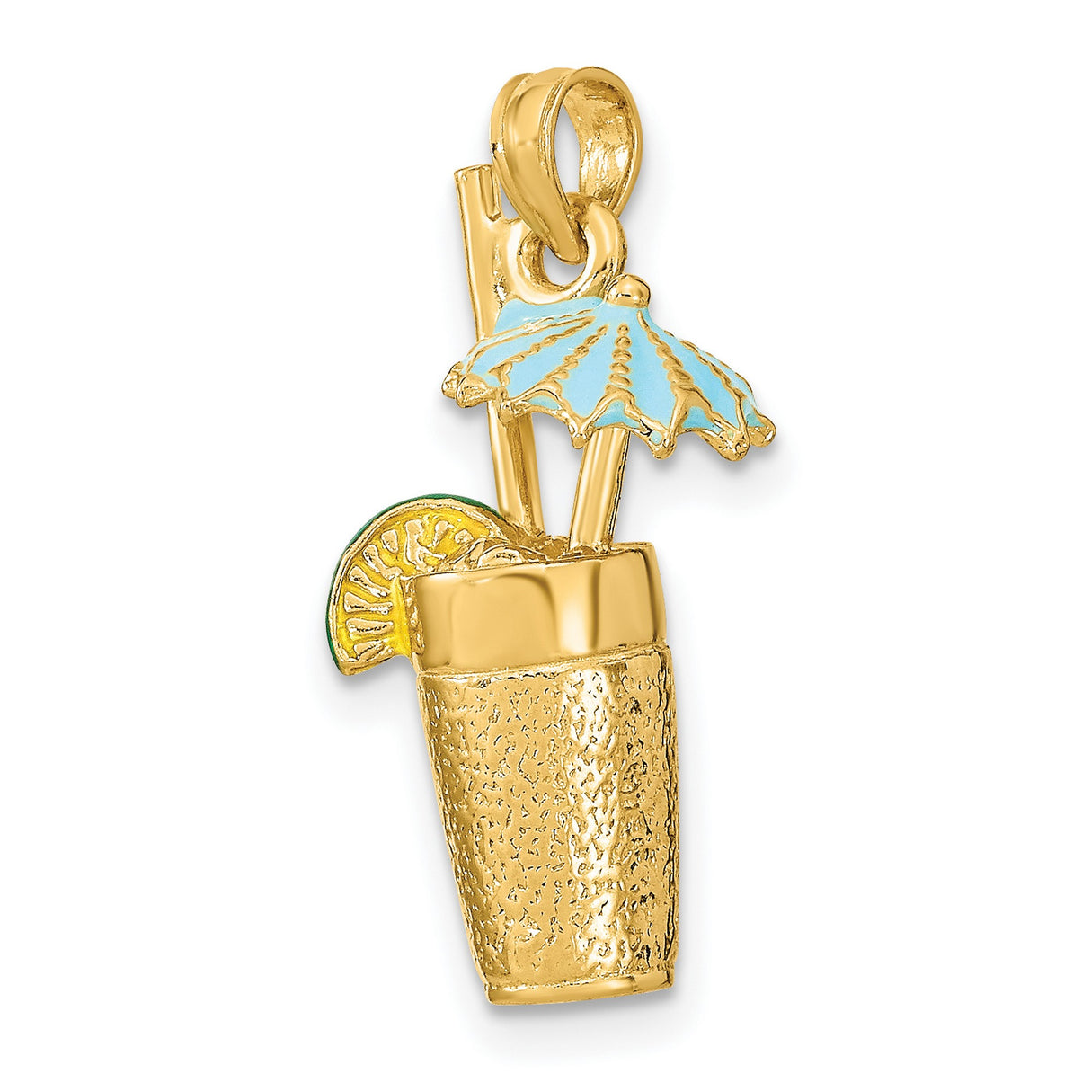 14k Yellow Gold Tropical Drink Pendant with Blue Enamel Umbrella and Lime Slice