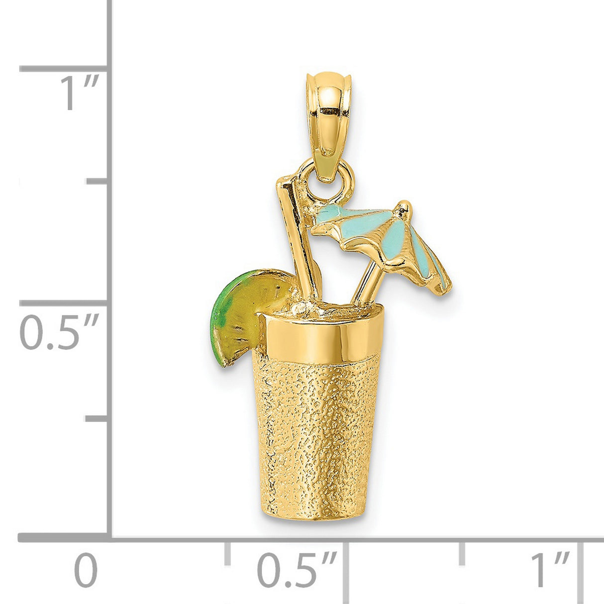 14k Yellow Gold Tropical Drink Pendant with Blue Enamel Umbrella and Lime Slice
