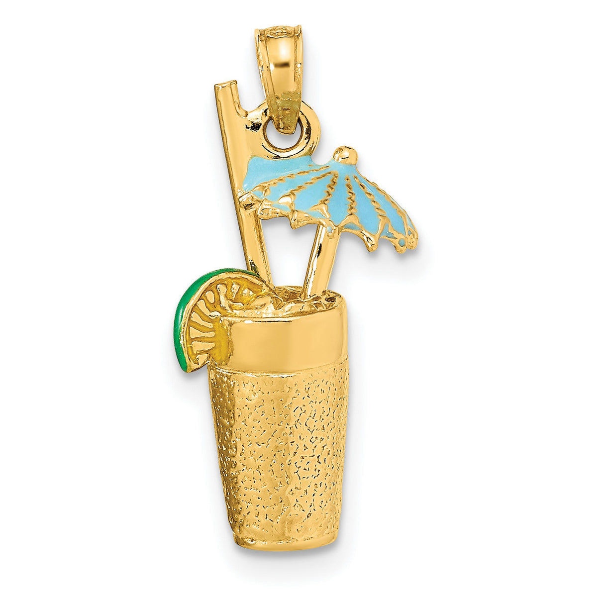14k Yellow Gold Tropical Drink Pendant with Blue Enamel Umbrella and Lime Slice