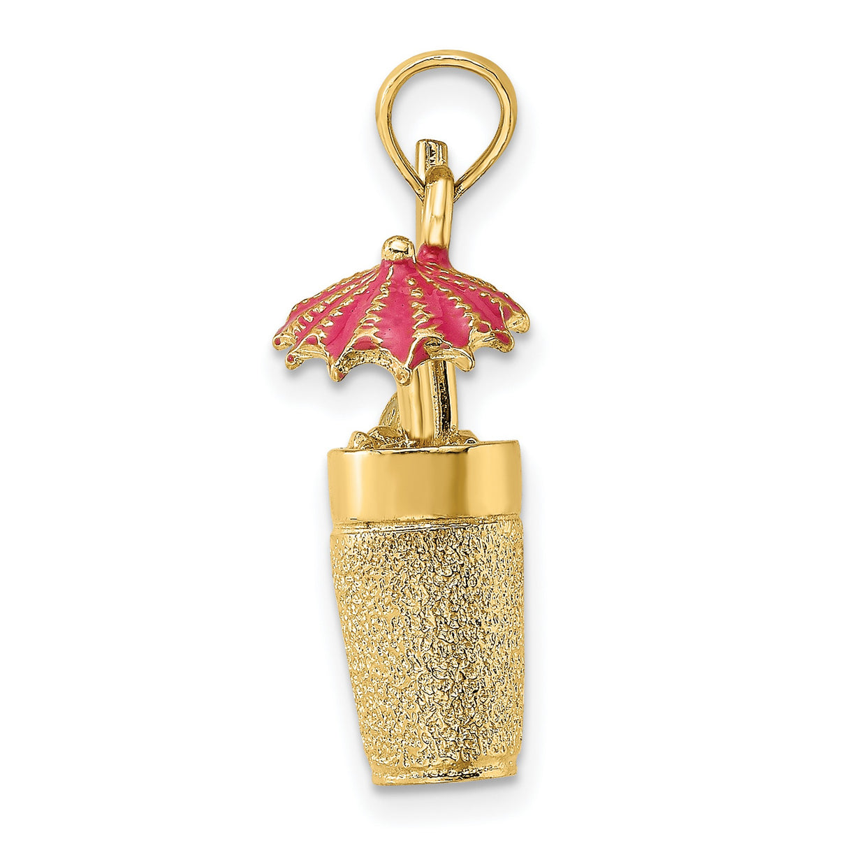 14k Yellow Gold Tropical Cocktail Pendant with Pink Enamel Umbrella and Straw Details