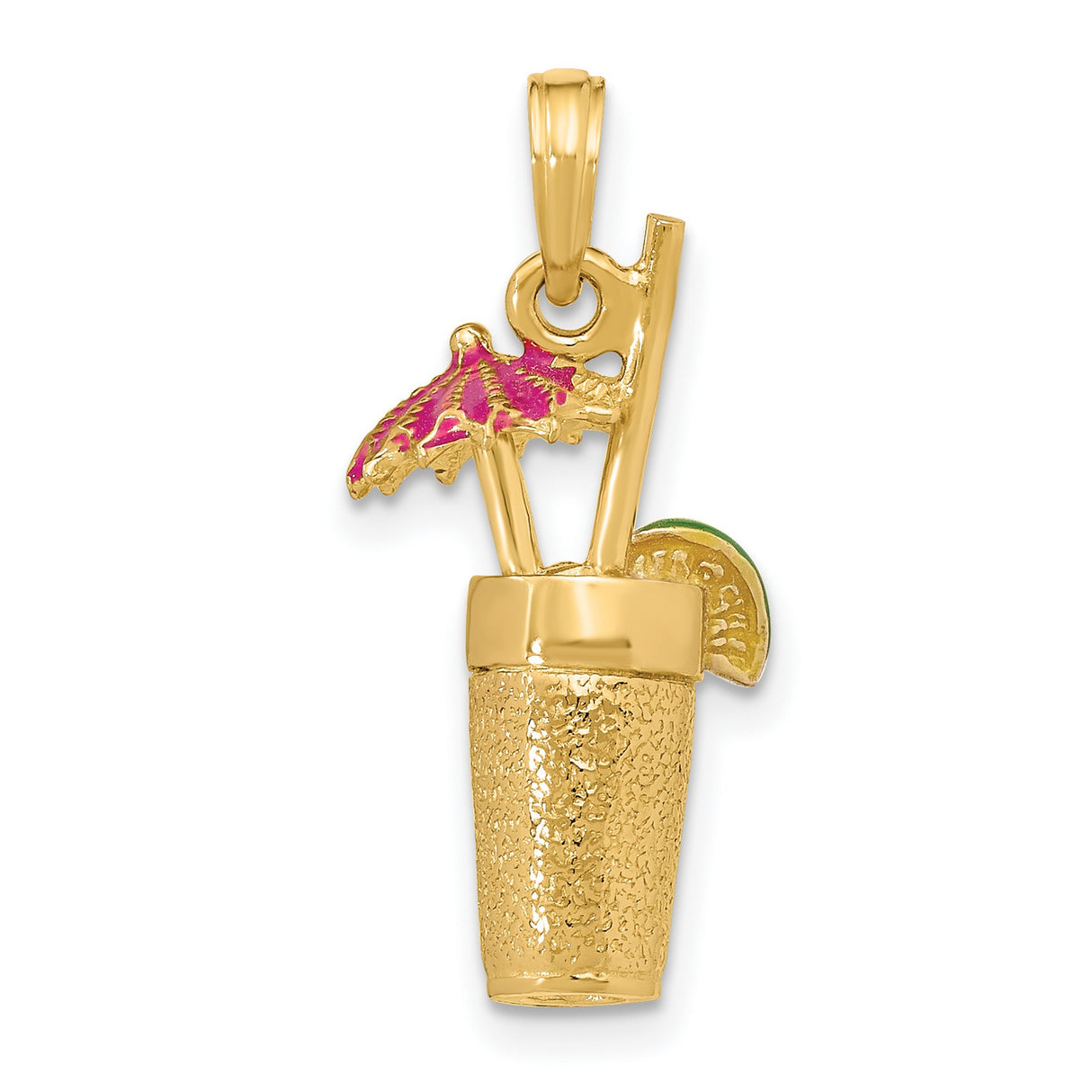 14k Yellow Gold Tropical Cocktail Pendant with Pink Enamel Umbrella and Straw Details