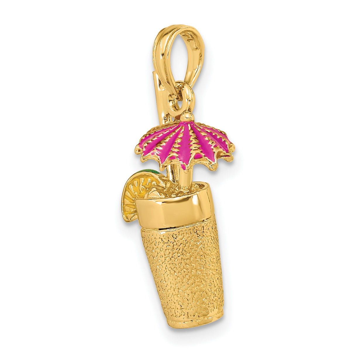 14k Yellow Gold Tropical Cocktail Pendant with Pink Enamel Umbrella and Straw Details