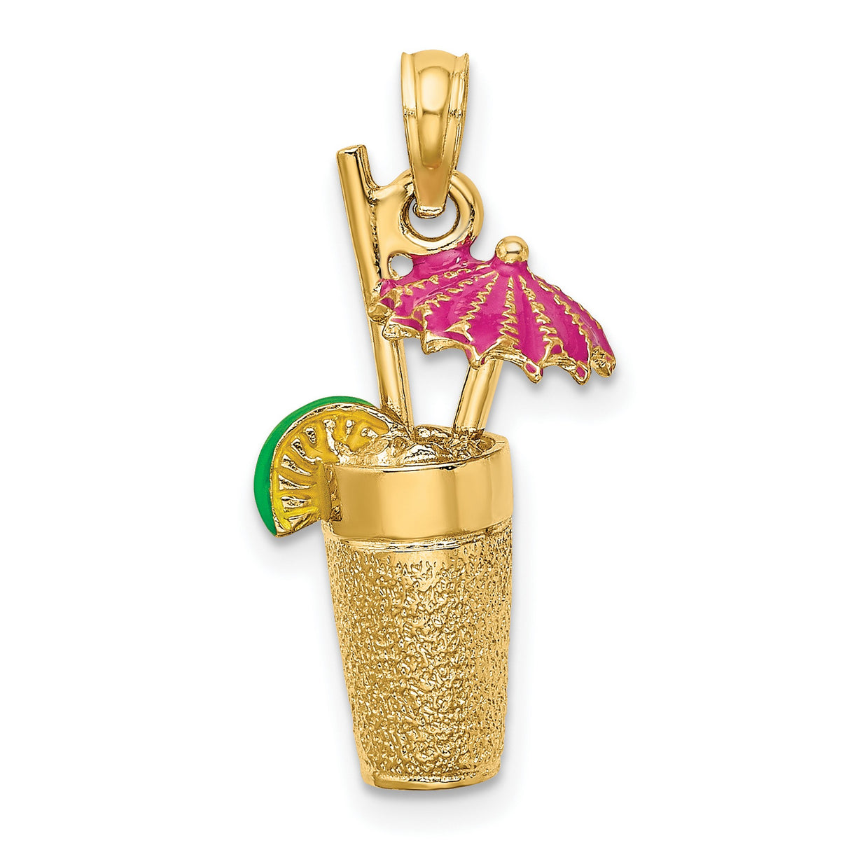 14k Yellow Gold Tropical Cocktail Pendant with Pink Enamel Umbrella and Straw Details