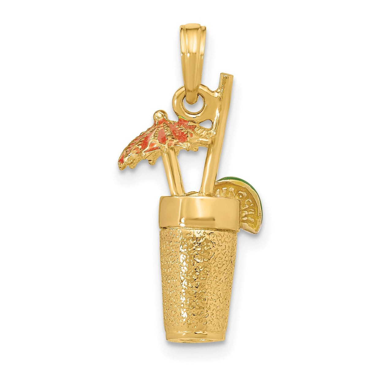 14k Yellow Gold Cocktail Pendant with Enamel Umbrella, Lime Slice, and Straw