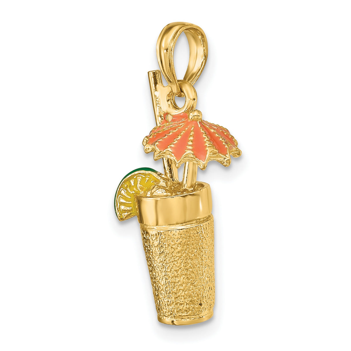 14k Yellow Gold Cocktail Pendant with Enamel Umbrella, Lime Slice, and Straw