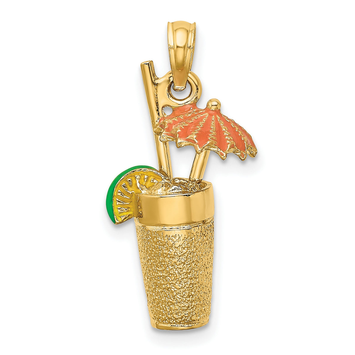 14k Yellow Gold Cocktail Pendant with Enamel Umbrella, Lime Slice, and Straw