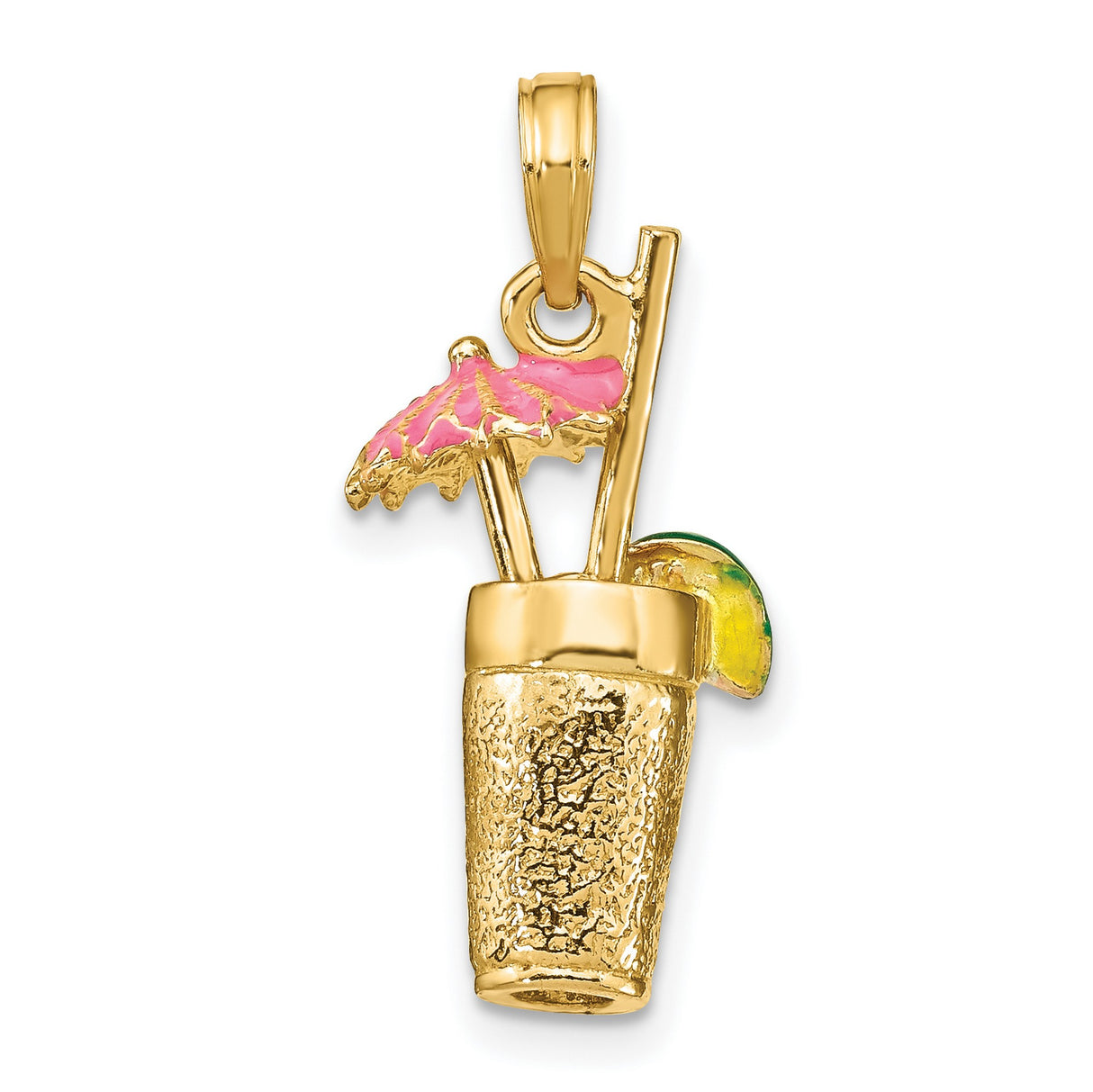 14k Yellow Gold Tropical Drink Pendant with Enameled Cocktail Glass and Umbrella Charm