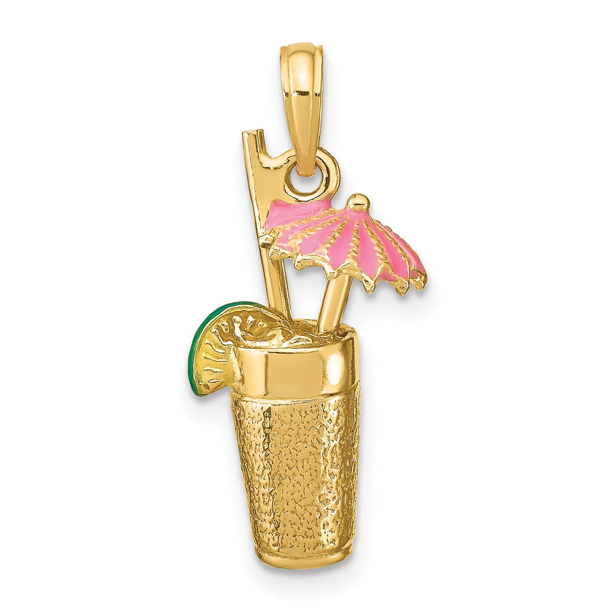 14k Yellow Gold Tropical Drink Pendant with Enameled Cocktail Glass and Umbrella Charm