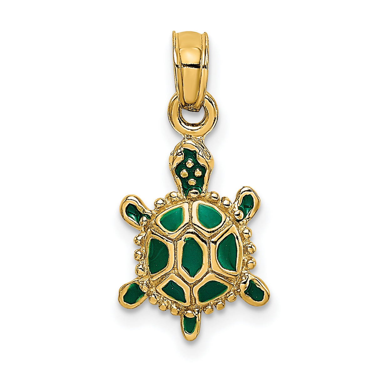 14k Yellow Gold Sea Turtle Pendant with Green Enamel, Nautical Ocean Theme Charm
