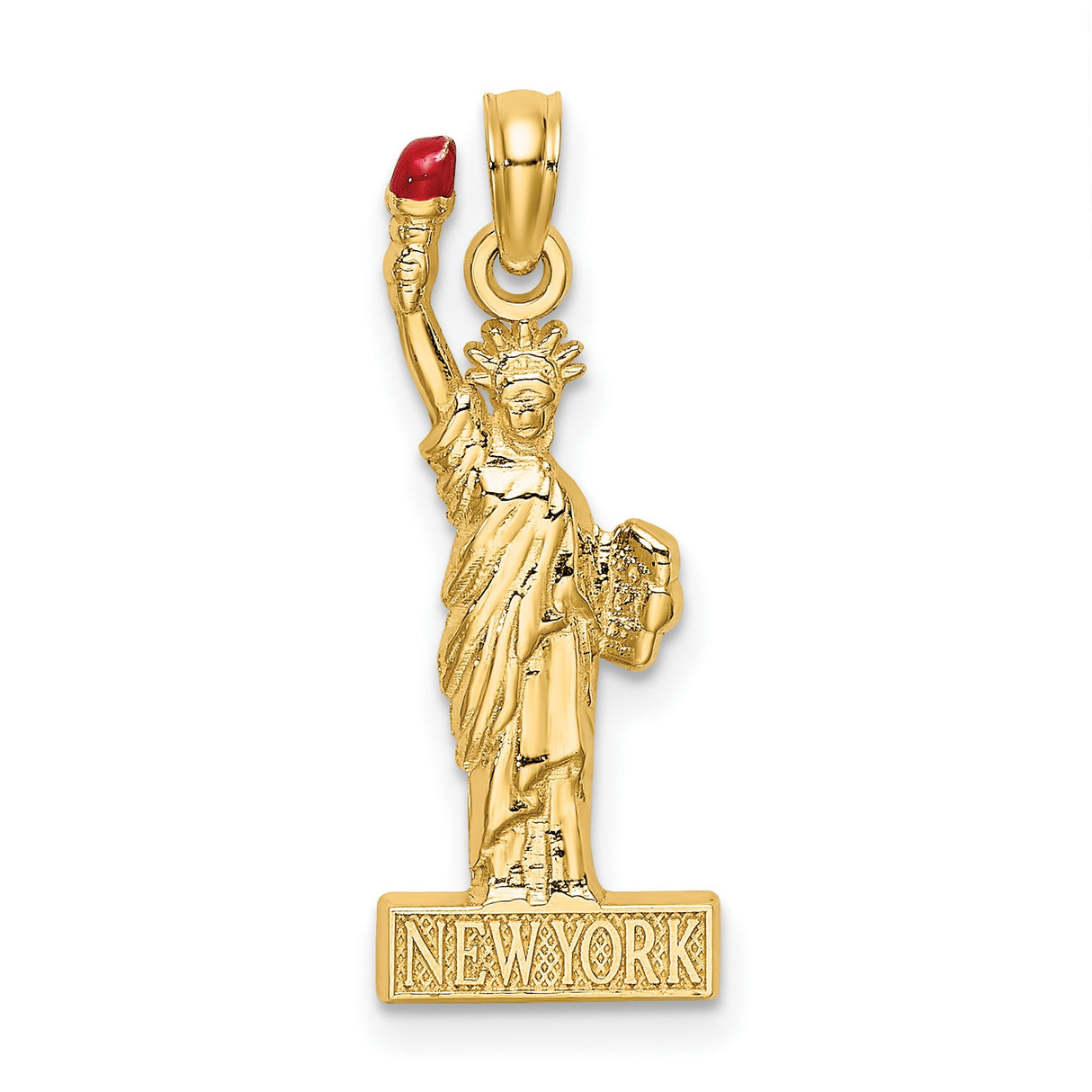 14k Yellow Gold Statue of Liberty Pendant with Red Enamel Torch, Patriotic NYC Charm