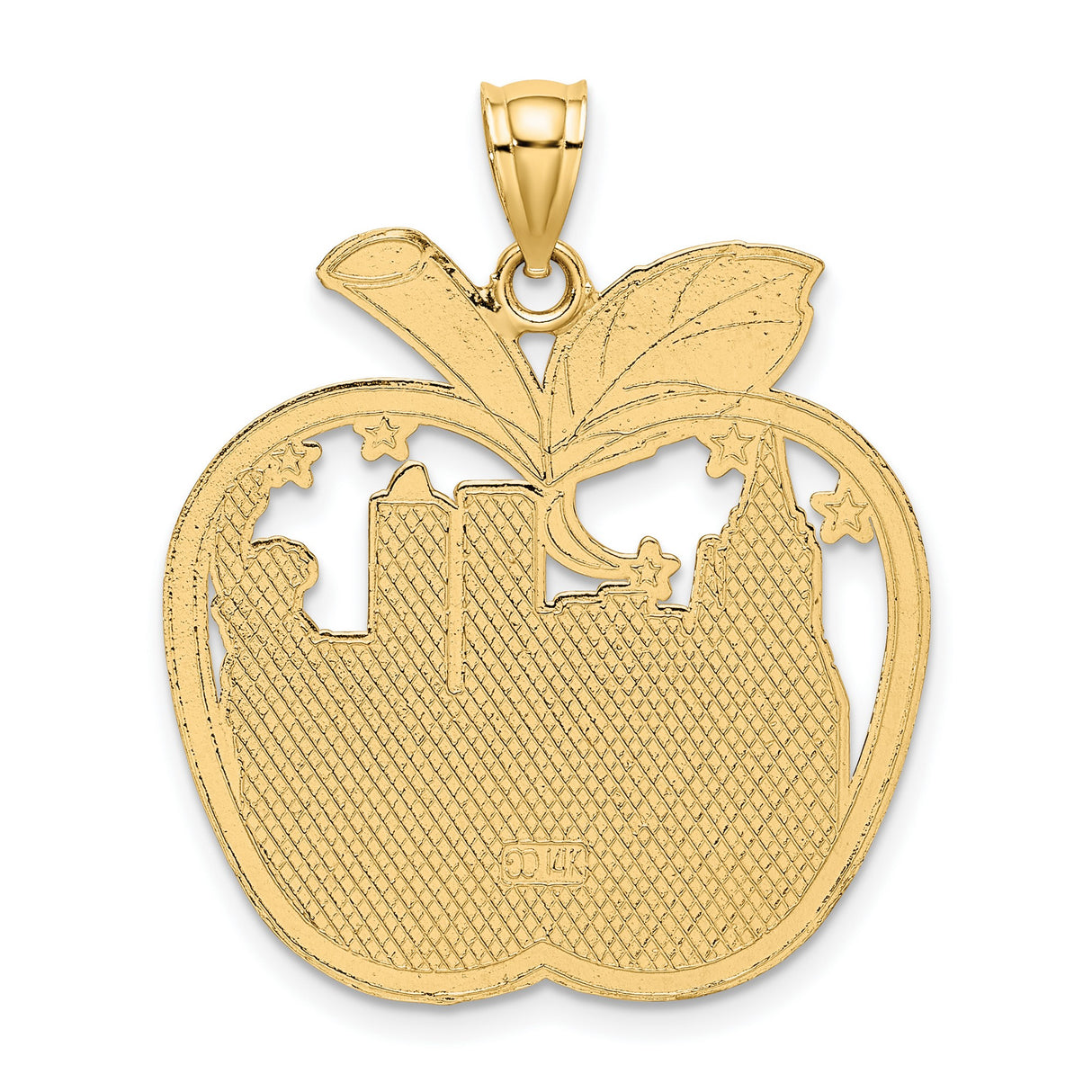 14k Yellow Gold New York Pendant with Big Apple Outline, Skyline and Statue of Liberty Design