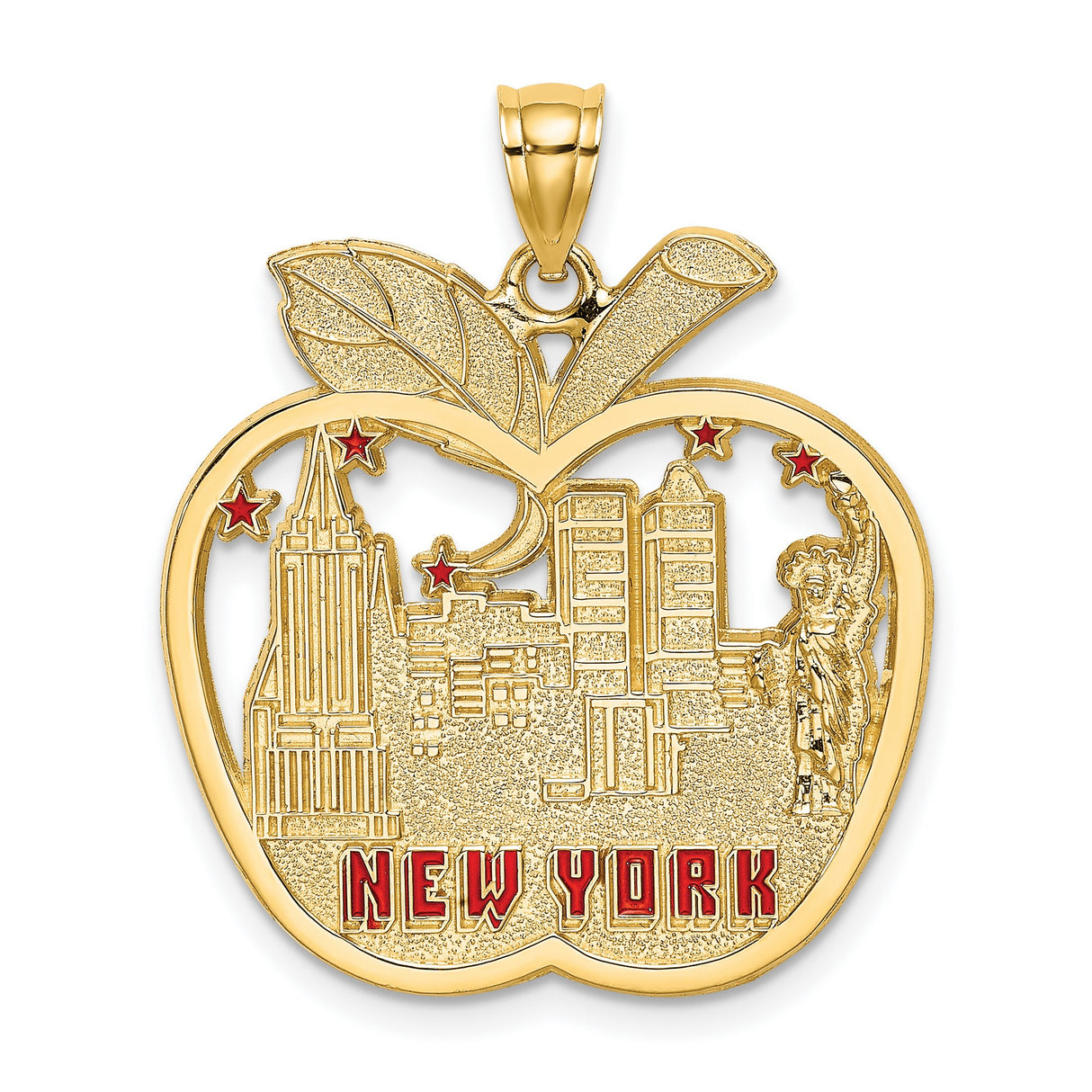 14k Yellow Gold New York Pendant with Big Apple Outline, Skyline and Statue of Liberty Design
