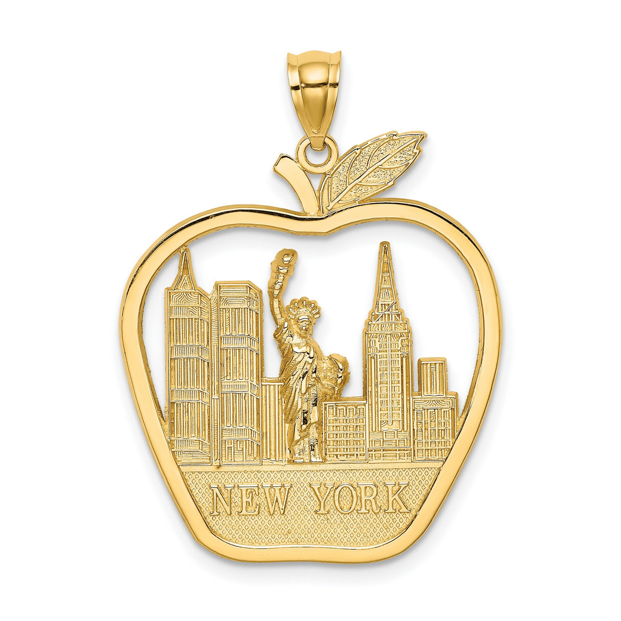 14k Yellow Gold NYC Skyline Pendant with Statue of Liberty, Apple-Shaped Charm