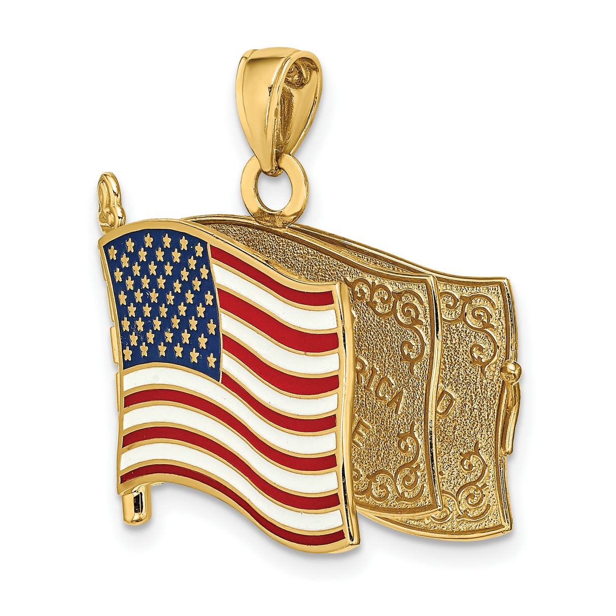 14k Yellow Gold American Flag Pendant with Enamel Red White Blue Patriotic Design