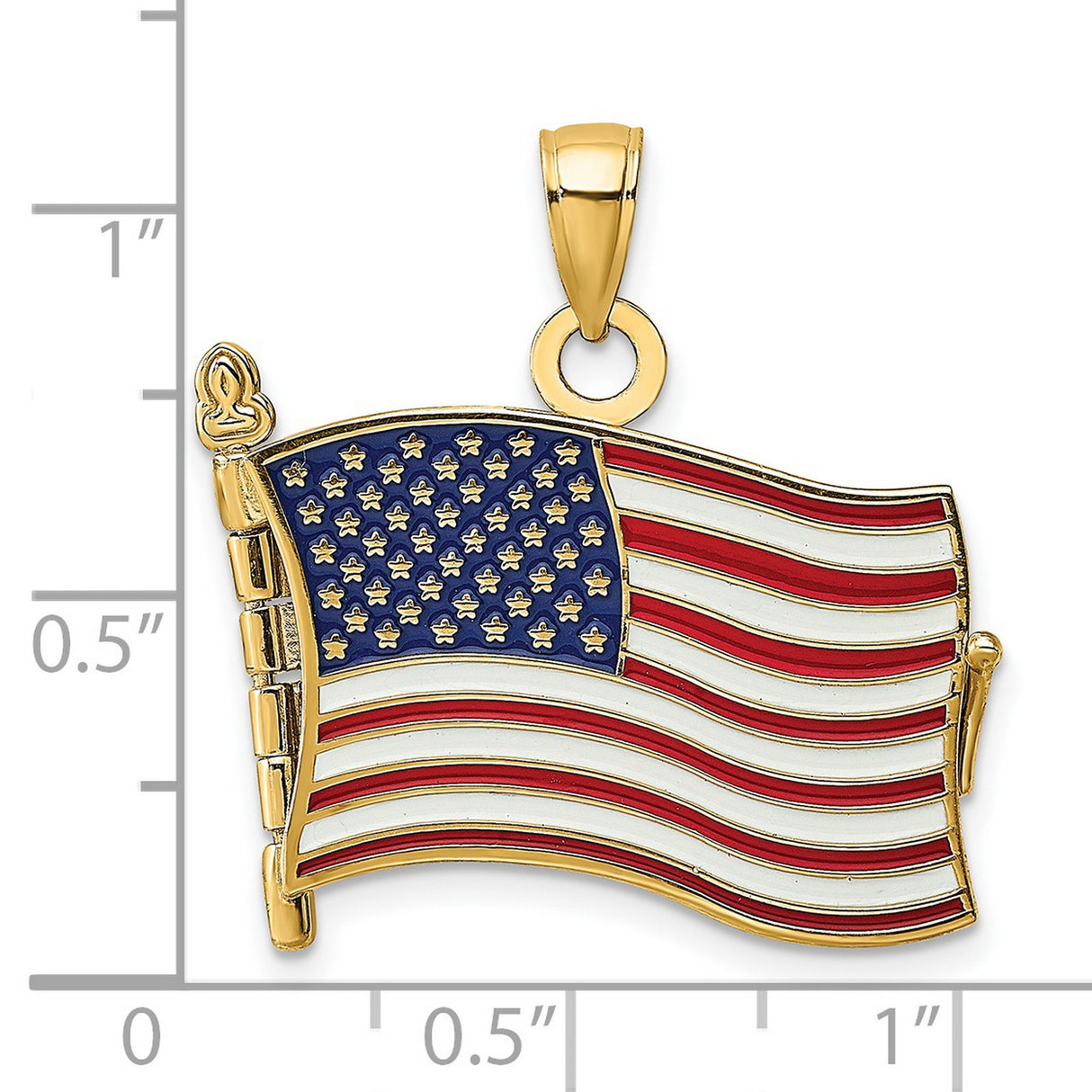 14k Yellow Gold American Flag Pendant with Enamel Red White Blue Patriotic Design