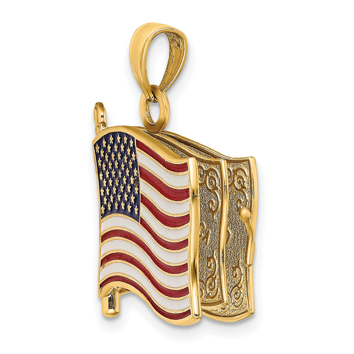 14k Yellow Gold American Flag Pendant with Enamel Red White Blue Patriotic Design