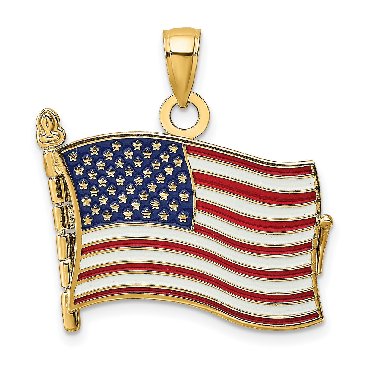 14k Yellow Gold American Flag Pendant with Enamel Red White Blue Patriotic Design