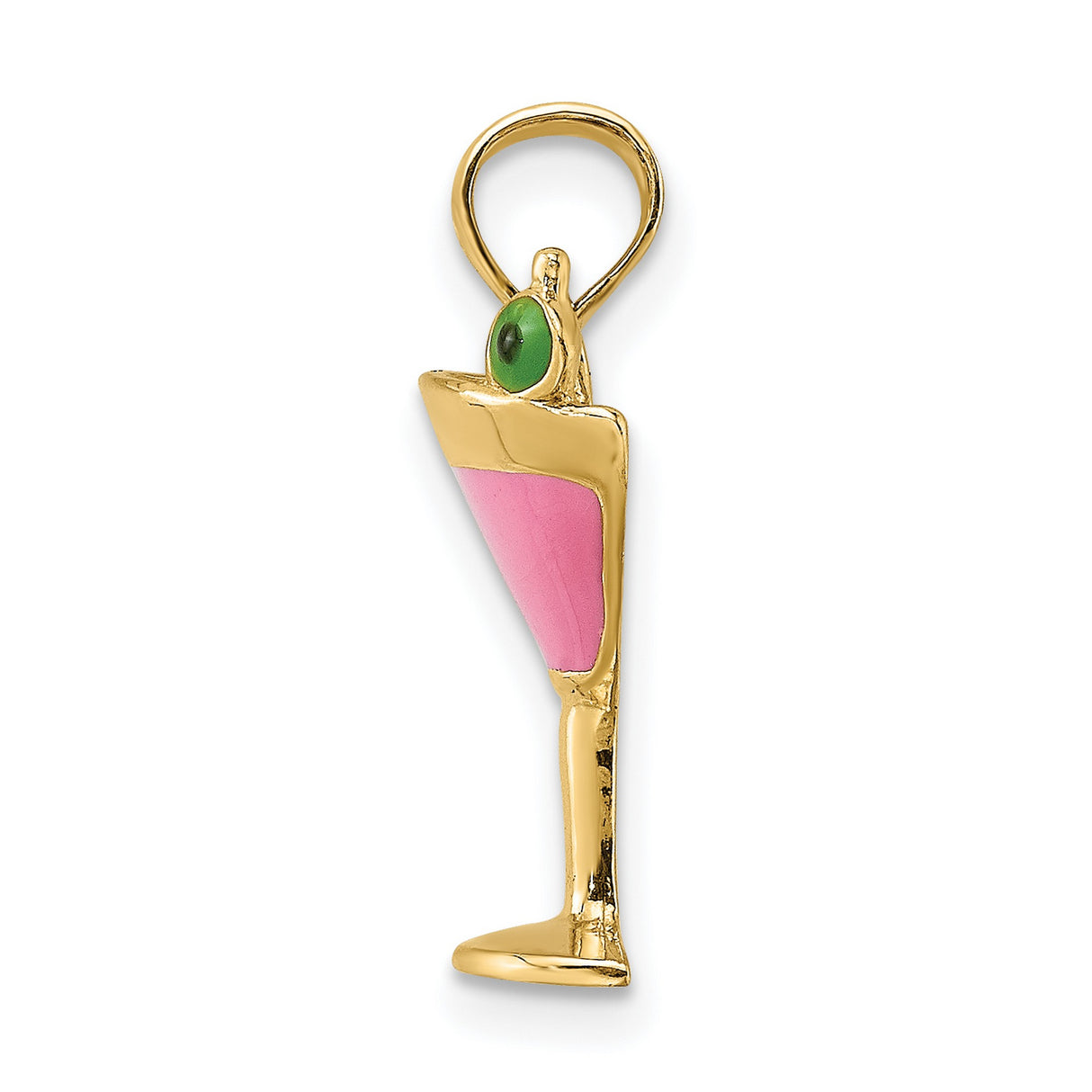 14k Yellow Gold Cocktail Glass Pendant with Pink Enamel and Olive Detail, Martini Charm