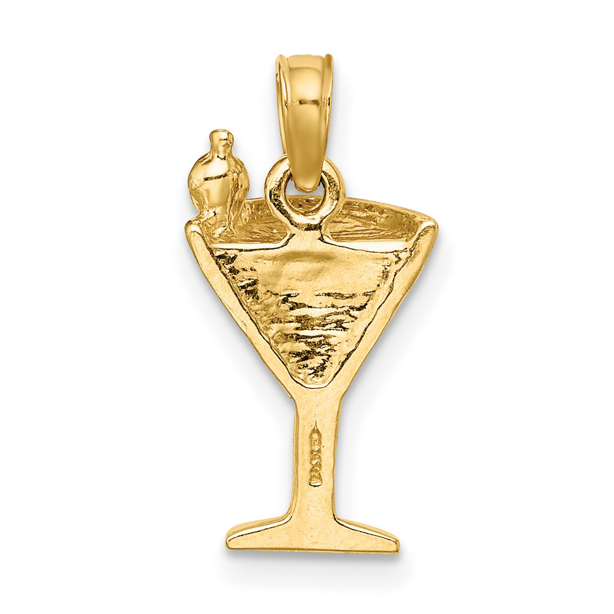 14k Yellow Gold Cocktail Glass Pendant with Pink Enamel and Olive Detail, Martini Charm