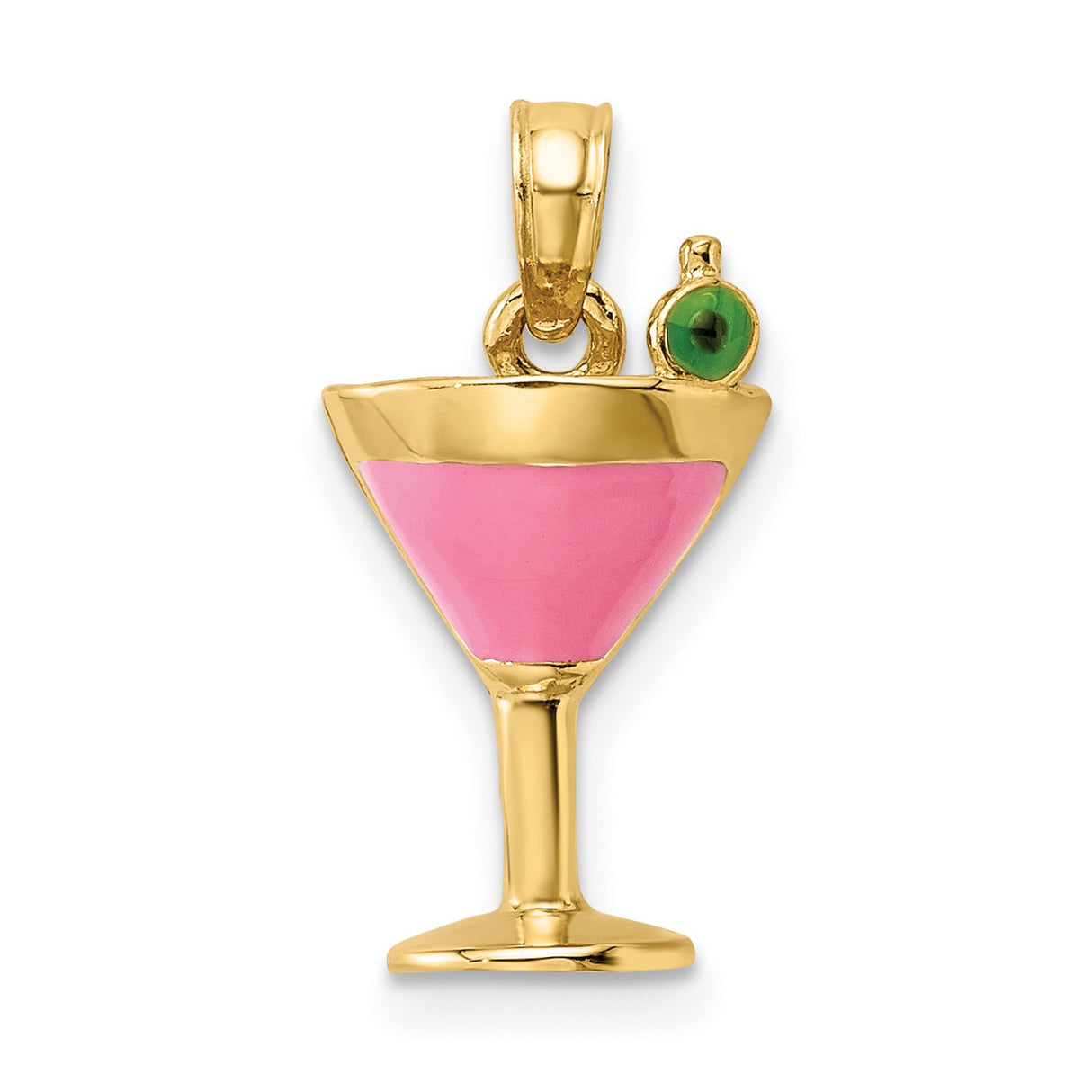 14k Yellow Gold Cocktail Glass Pendant with Pink Enamel and Olive Detail, Martini Charm