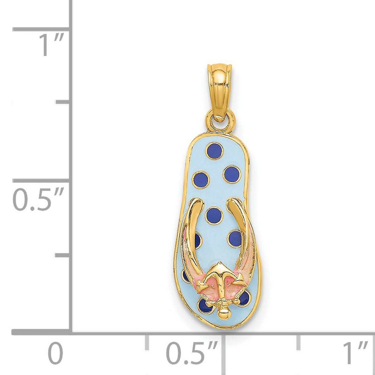 14k Yellow Gold Flip-Flop Pendant with Blue Polka Dot Enamel and Pink Flower Detail