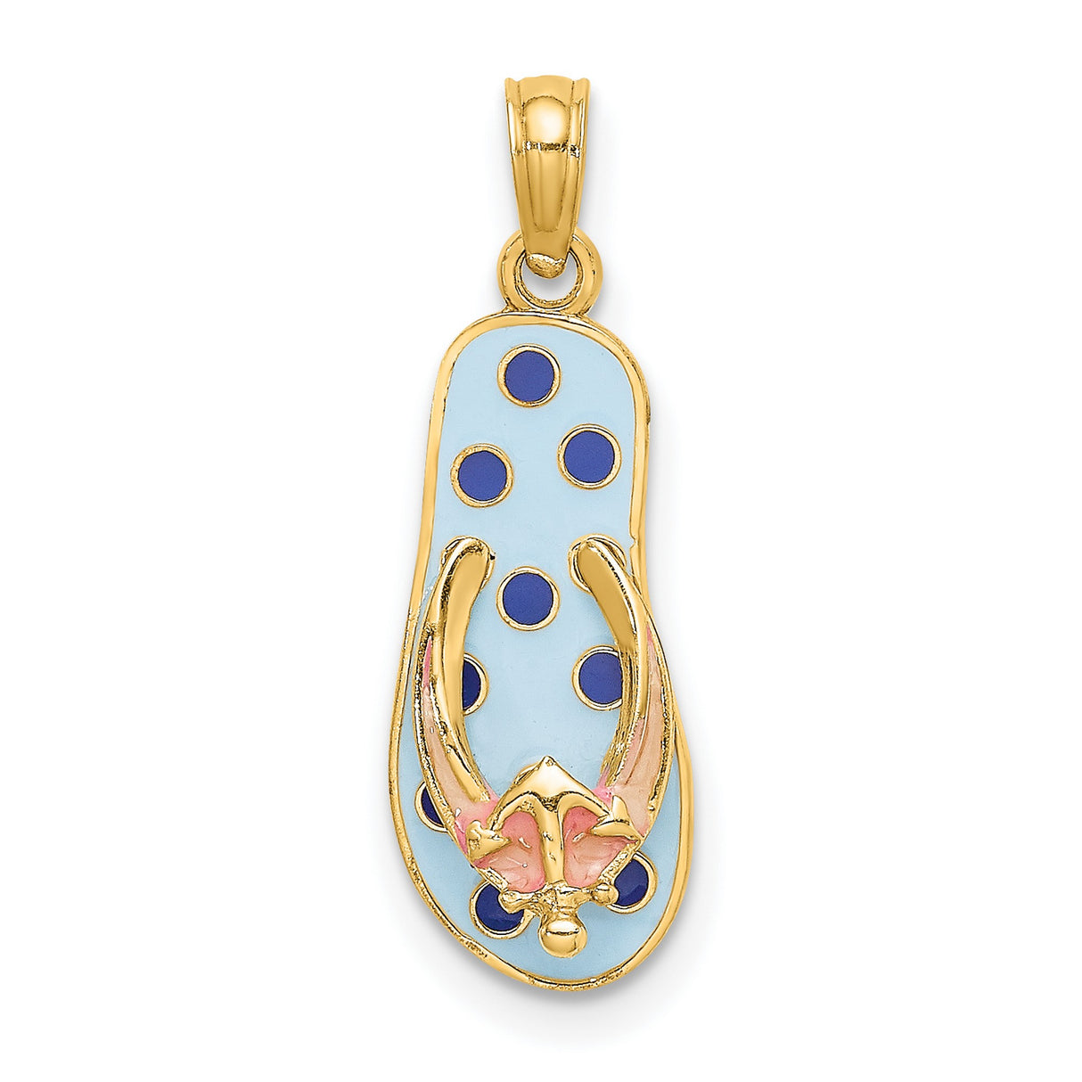 14k Yellow Gold Flip-Flop Pendant with Blue Polka Dot Enamel and Pink Flower Detail