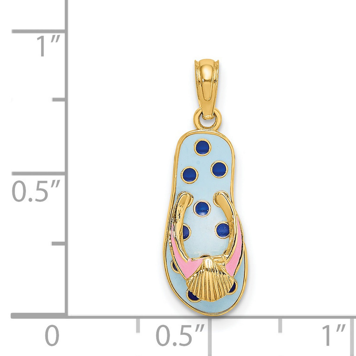 14k Yellow Gold Flip-Flop Pendant with Blue Enamel, Pink Straps and Seashell Accent