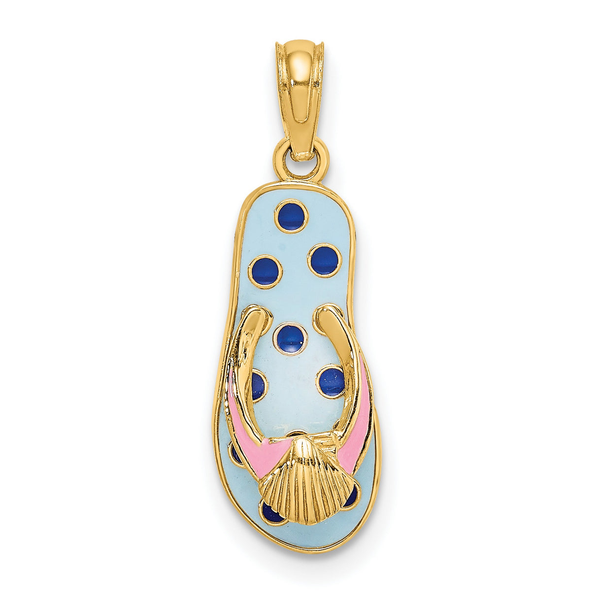 14k Yellow Gold Flip-Flop Pendant with Blue Enamel, Pink Straps and Seashell Accent