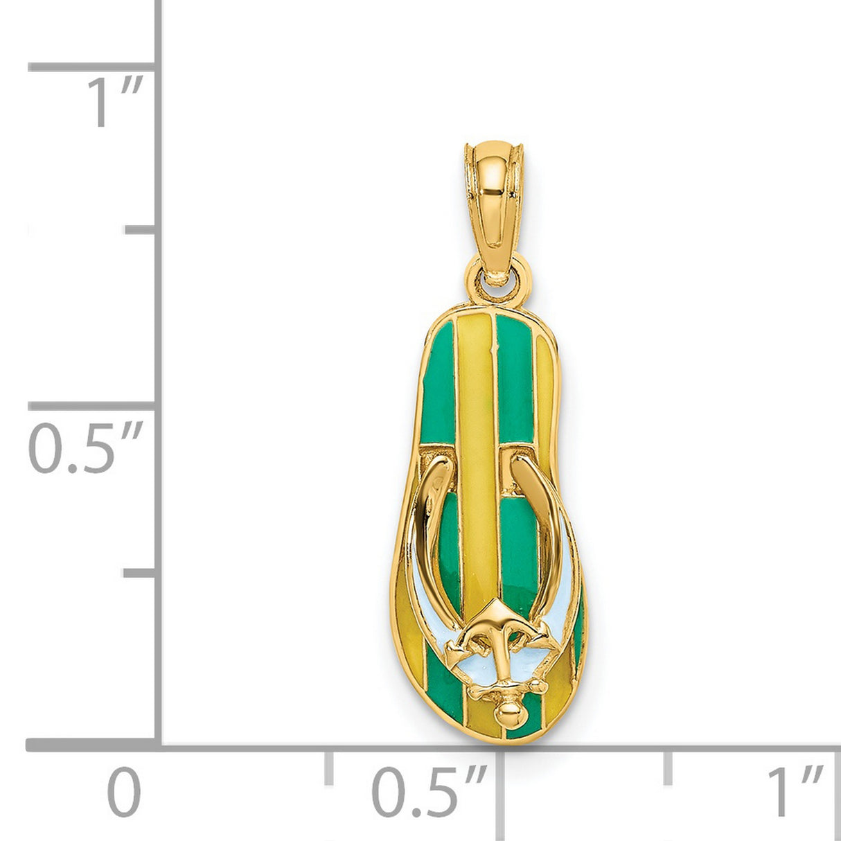14k Yellow Gold Flip-Flop Pendant with Green and Yellow Enamel, Anchor Detail, Nautical Theme