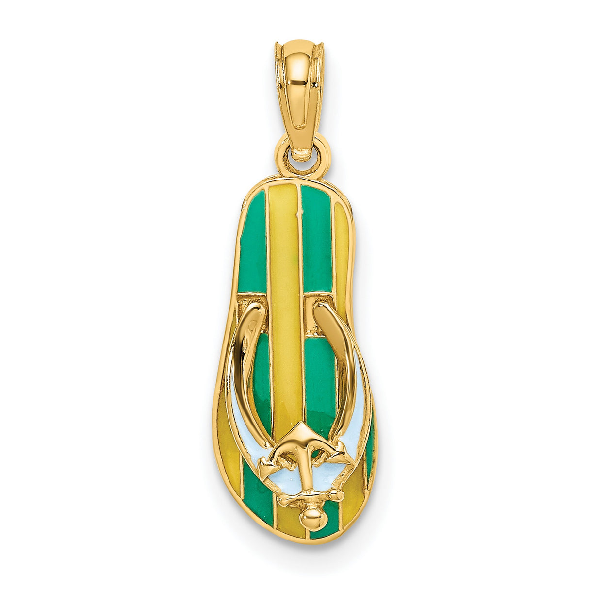 14k Yellow Gold Flip-Flop Pendant with Green and Yellow Enamel, Anchor Detail, Nautical Theme
