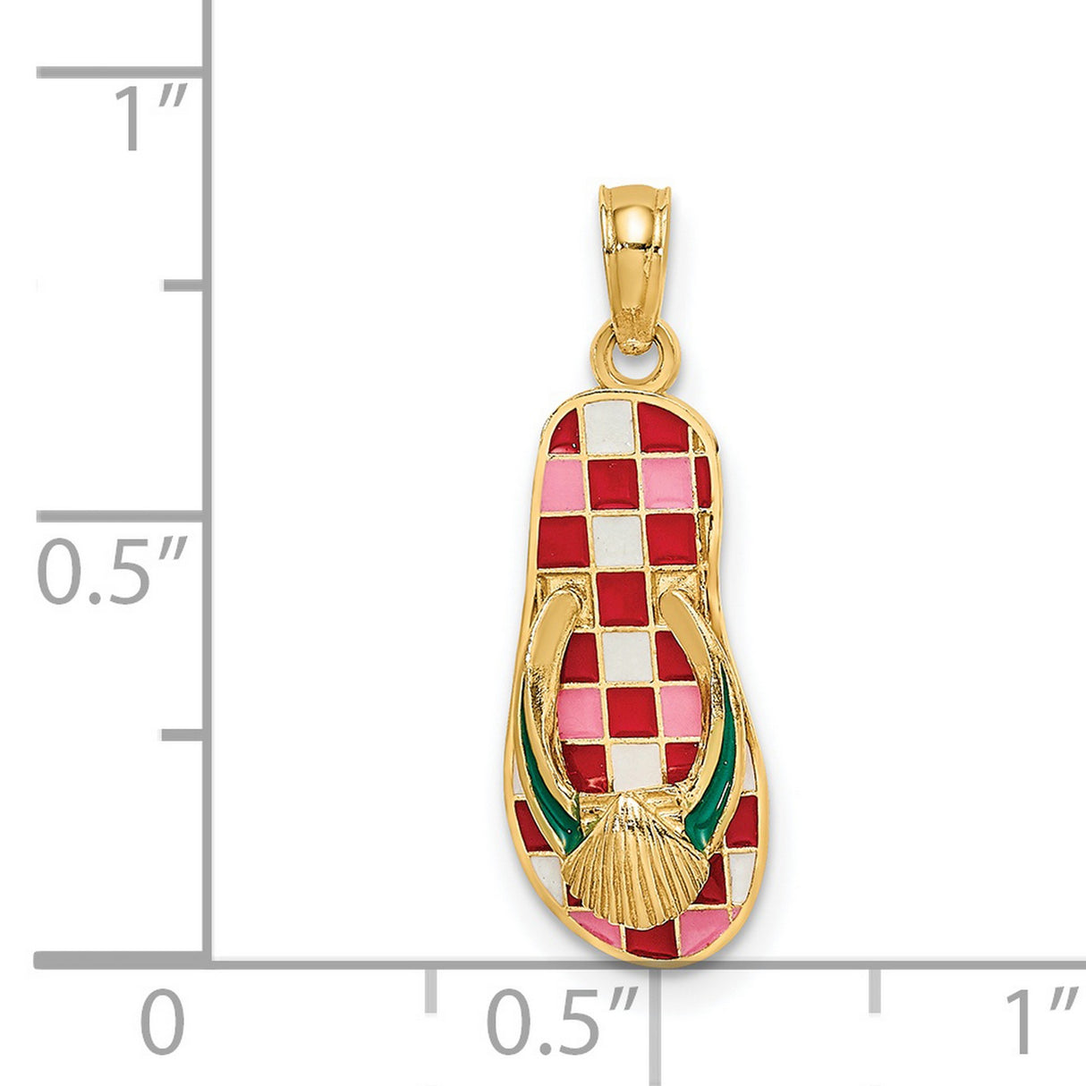 14k Yellow Gold Flip Flop Sandal Pendant with Checkered Enamel and Shell Detail