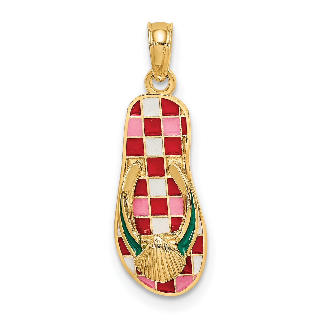 14k Yellow Gold Flip Flop Sandal Pendant with Checkered Enamel and Shell Detail