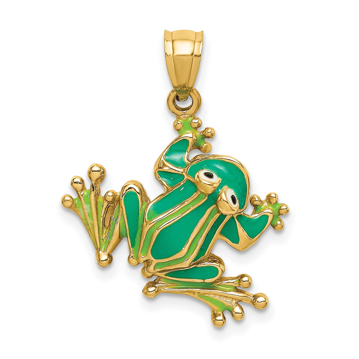 14k Yellow Gold Frog Pendant with Green Enamel Accents, Nature Inspired Charm