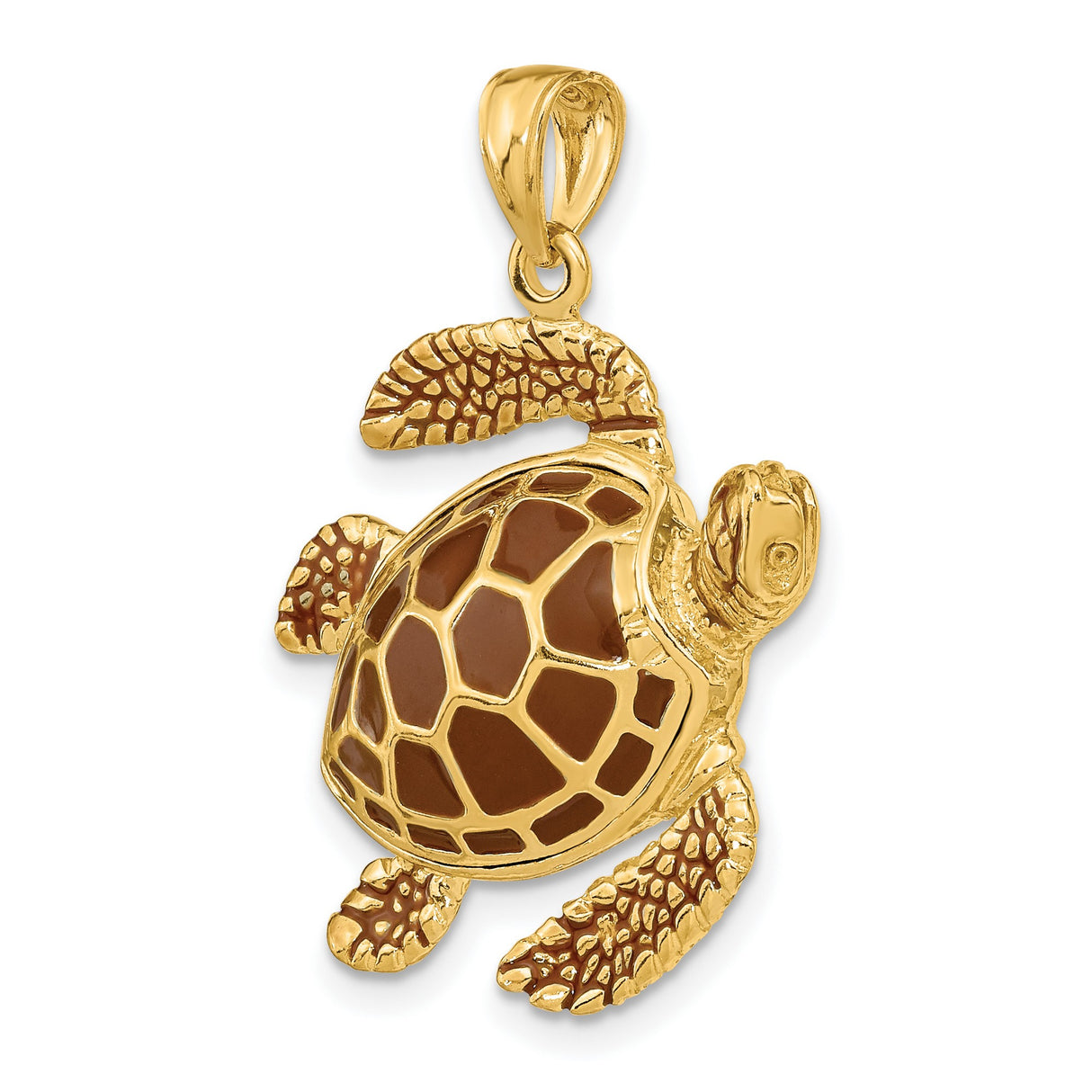 14k Yellow Gold Sea Turtle Pendant with Brown Enamel Shell, Nature-Inspired Ocean Charm