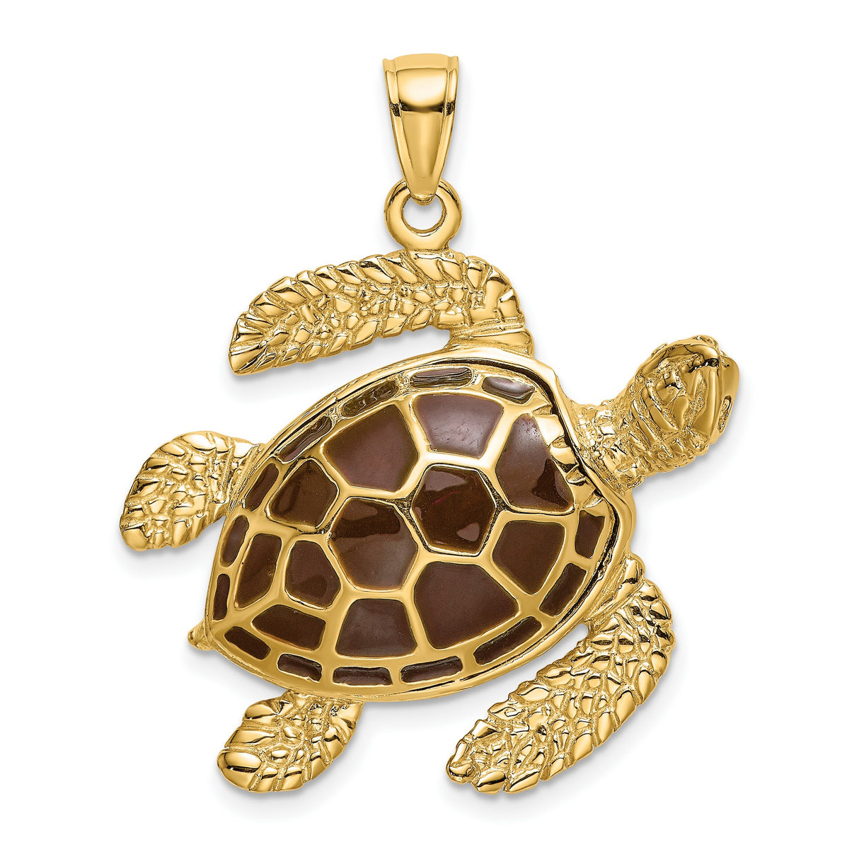 14k Yellow Gold Sea Turtle Pendant with Brown Enamel Shell, Nature-Inspired Ocean Charm