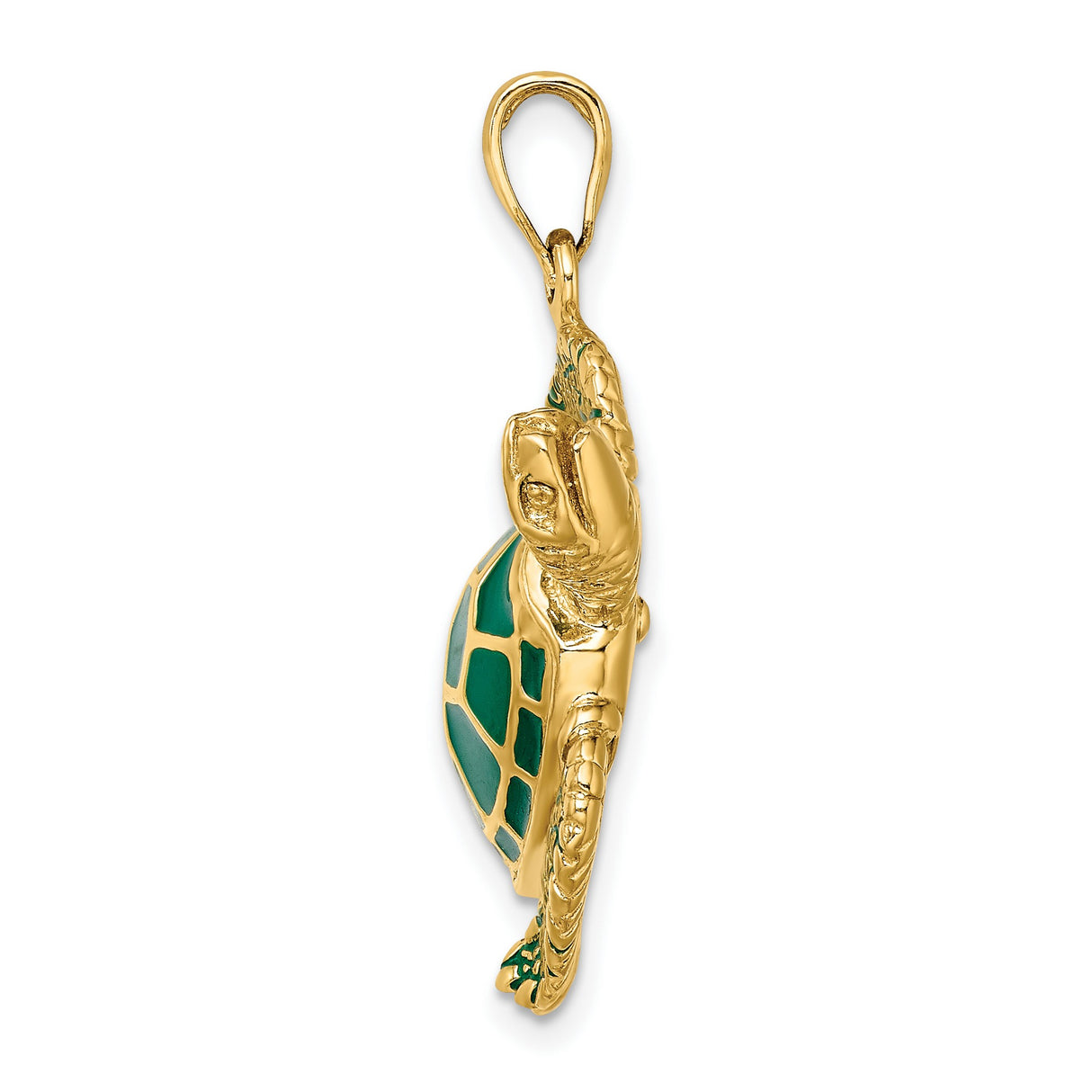 14k Yellow Gold Sea Turtle Pendant with Green Enamel Accents, Nautical Animal Charm